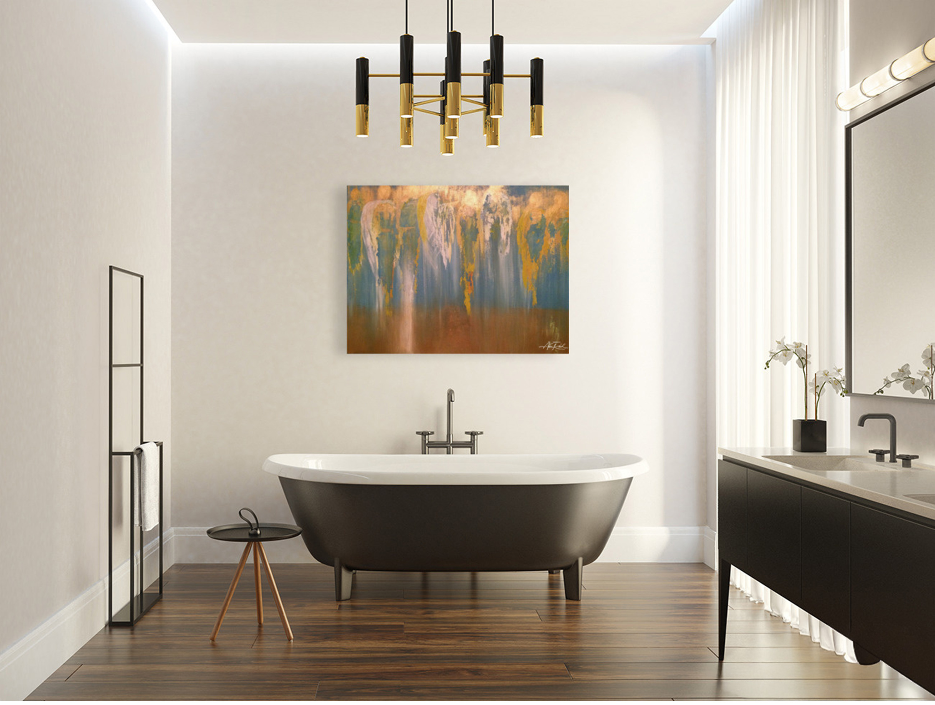 Angel Armies, print shown above a black tub in a bathroom setting.