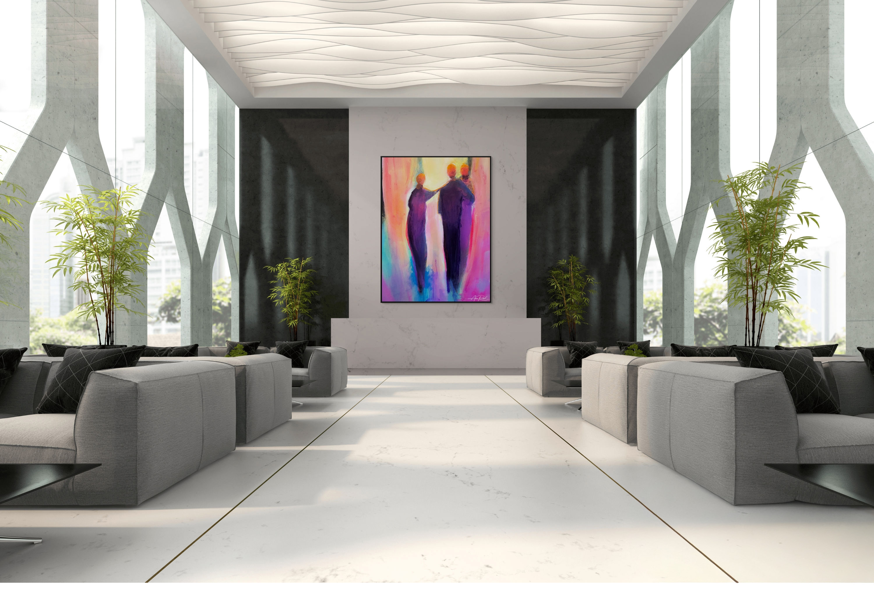 Friend of the Bridegroom abstract artwork shown in a hotel lobby setting