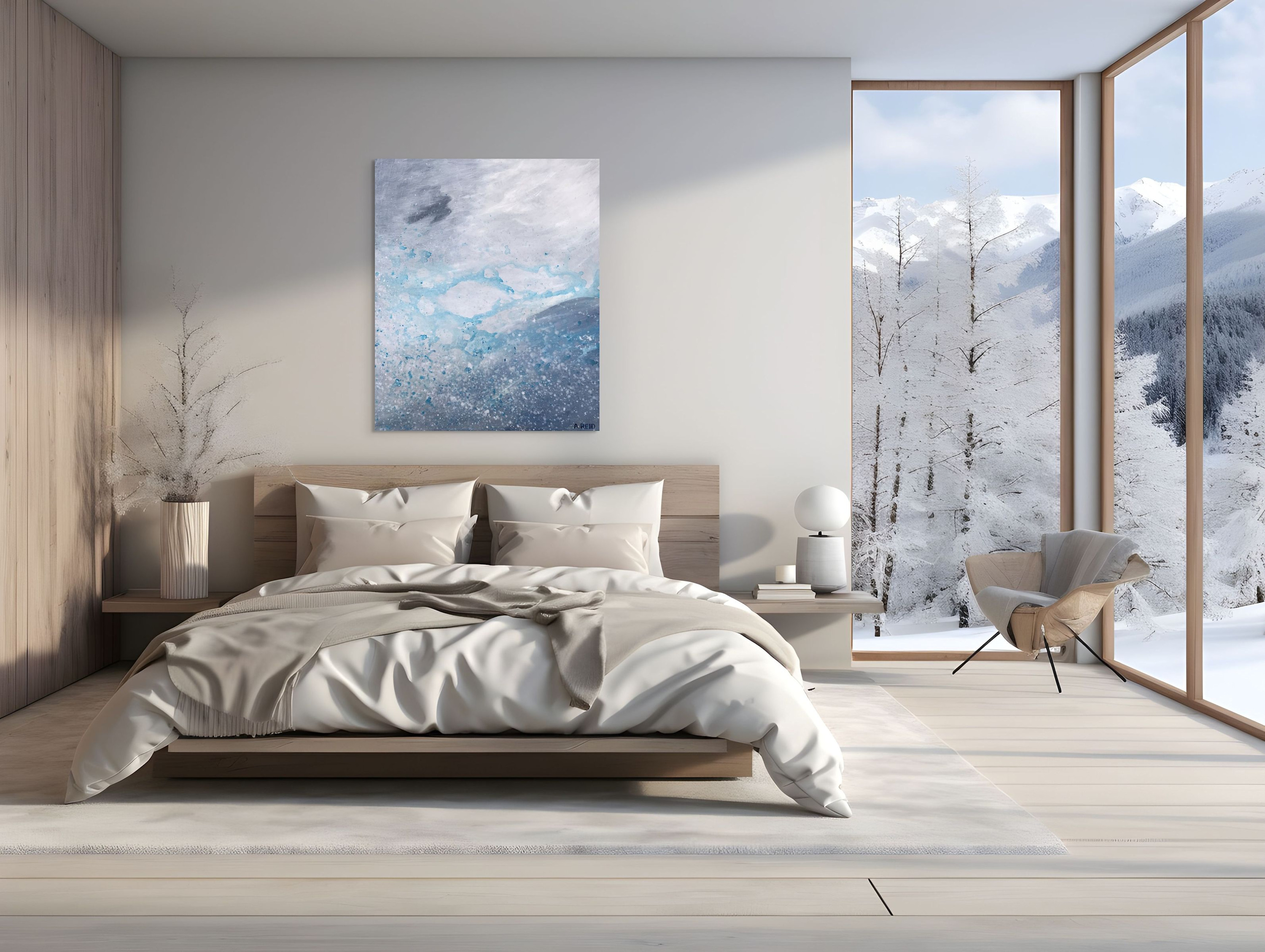 Shelter, print shown in a calm bedroom setting.