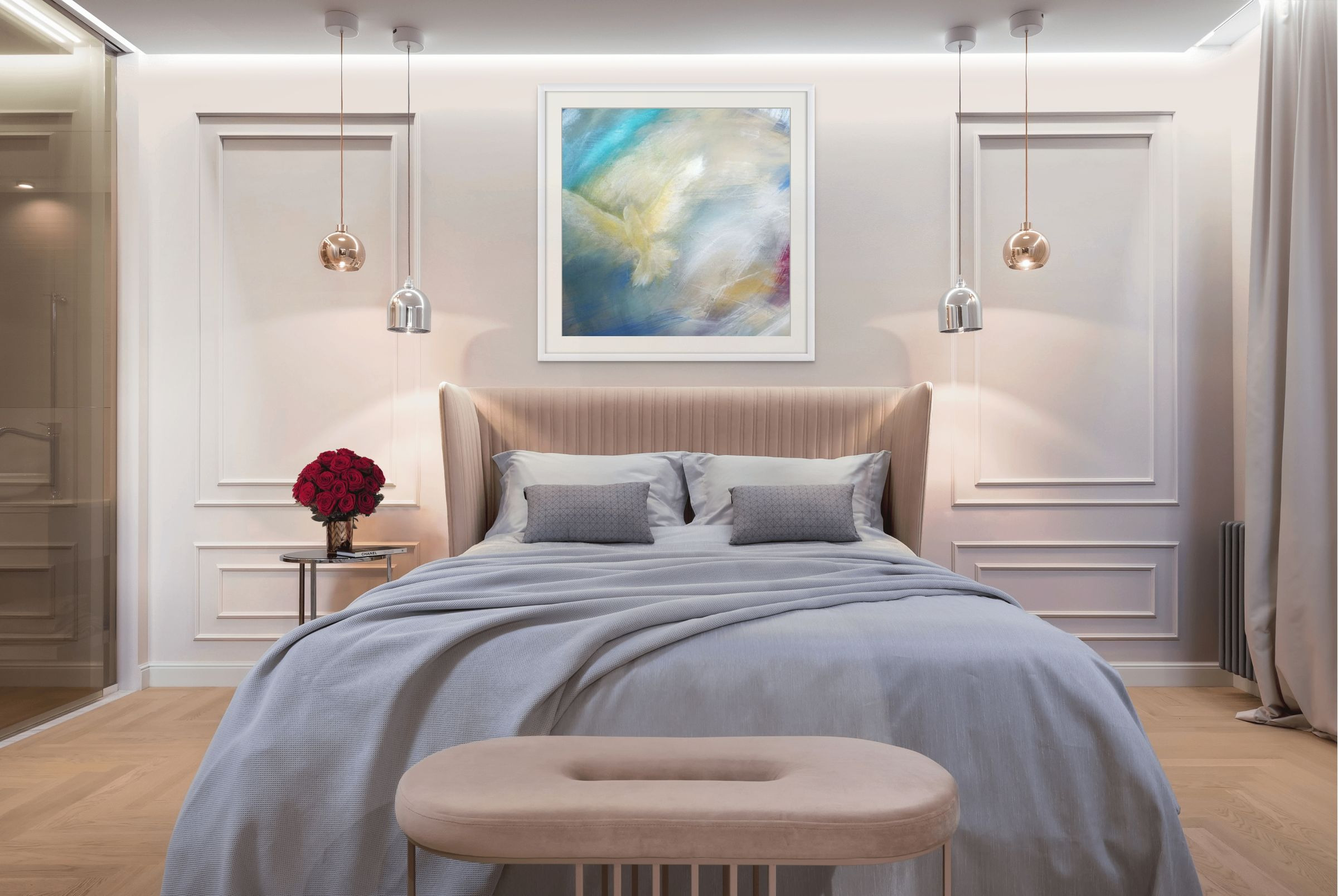 Dove, print shown above a bed in a softly styled bedroom.