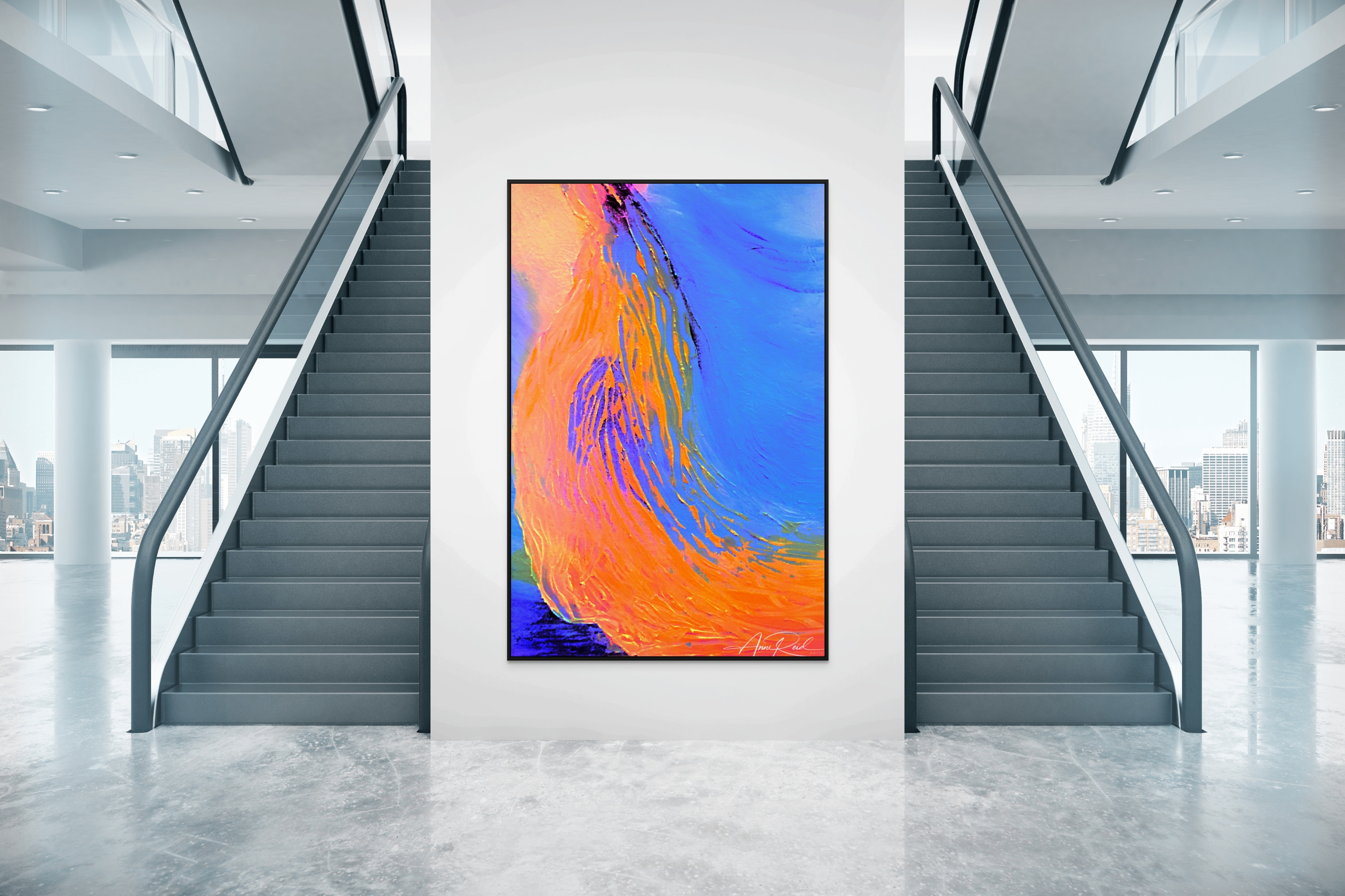 Glory Stream 3 abstract artwork shown in a modern lobby setting