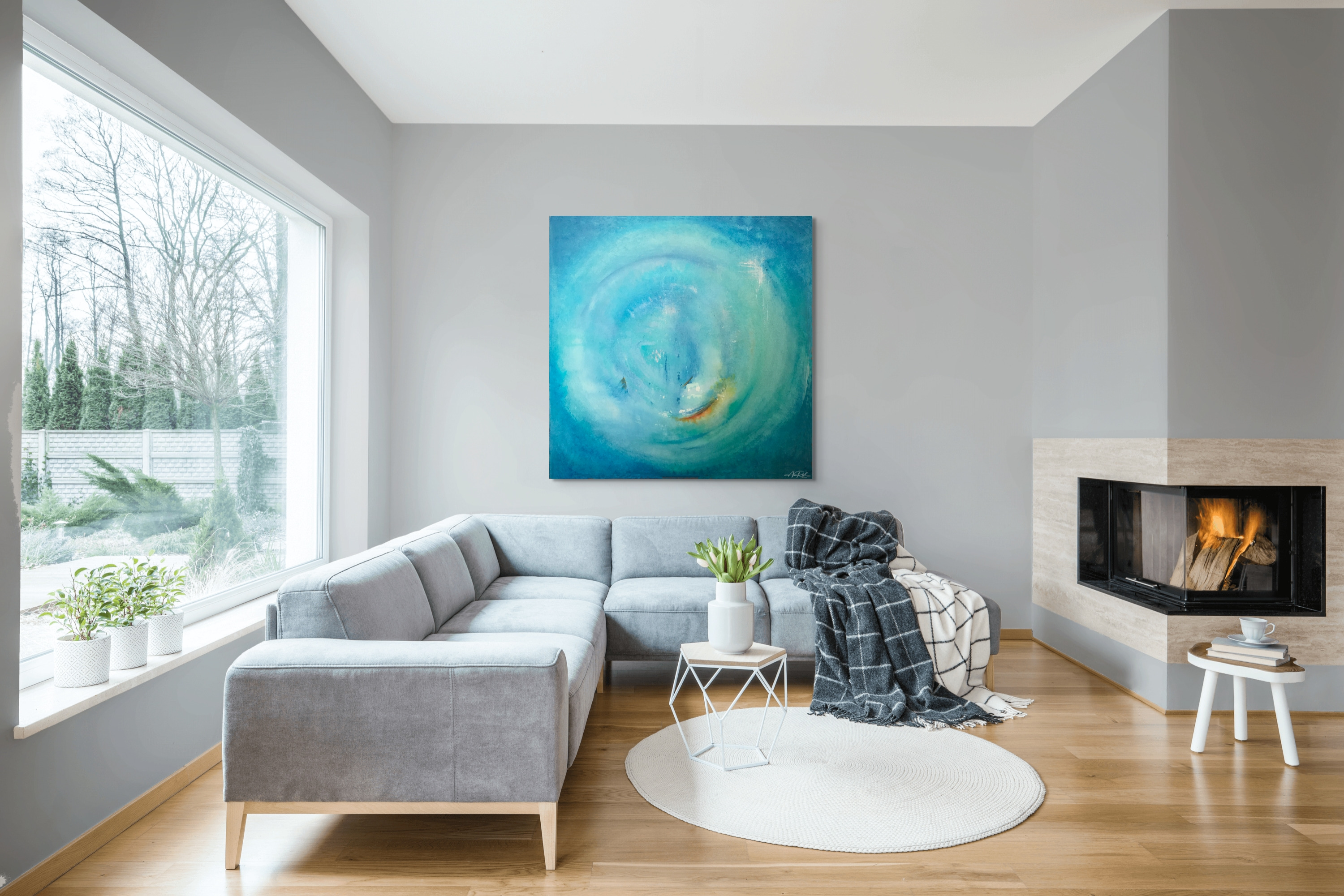 Advent 7, print shown in a living room above a sofa.