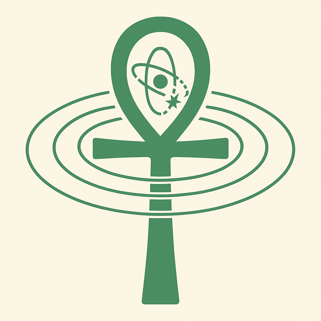 Ankh glyph with hydrogen atom orbit inside the loop and concentric toroidal resonance lines — symbol of light ignition and cosmic breath coherence
