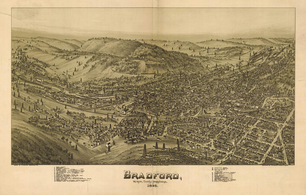 Panoramic 19th-century map of Bradford, Pennsylvania showing dense oil development across surrounding hills
