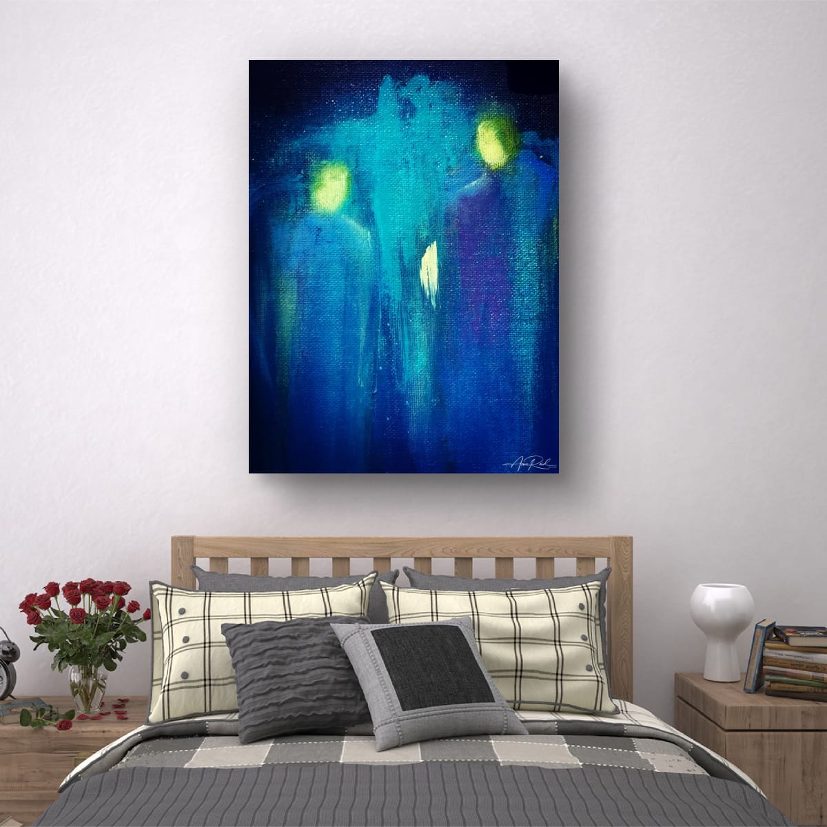 Abstract angelic figures in blue tones above modern bed with neutral plaid pillows