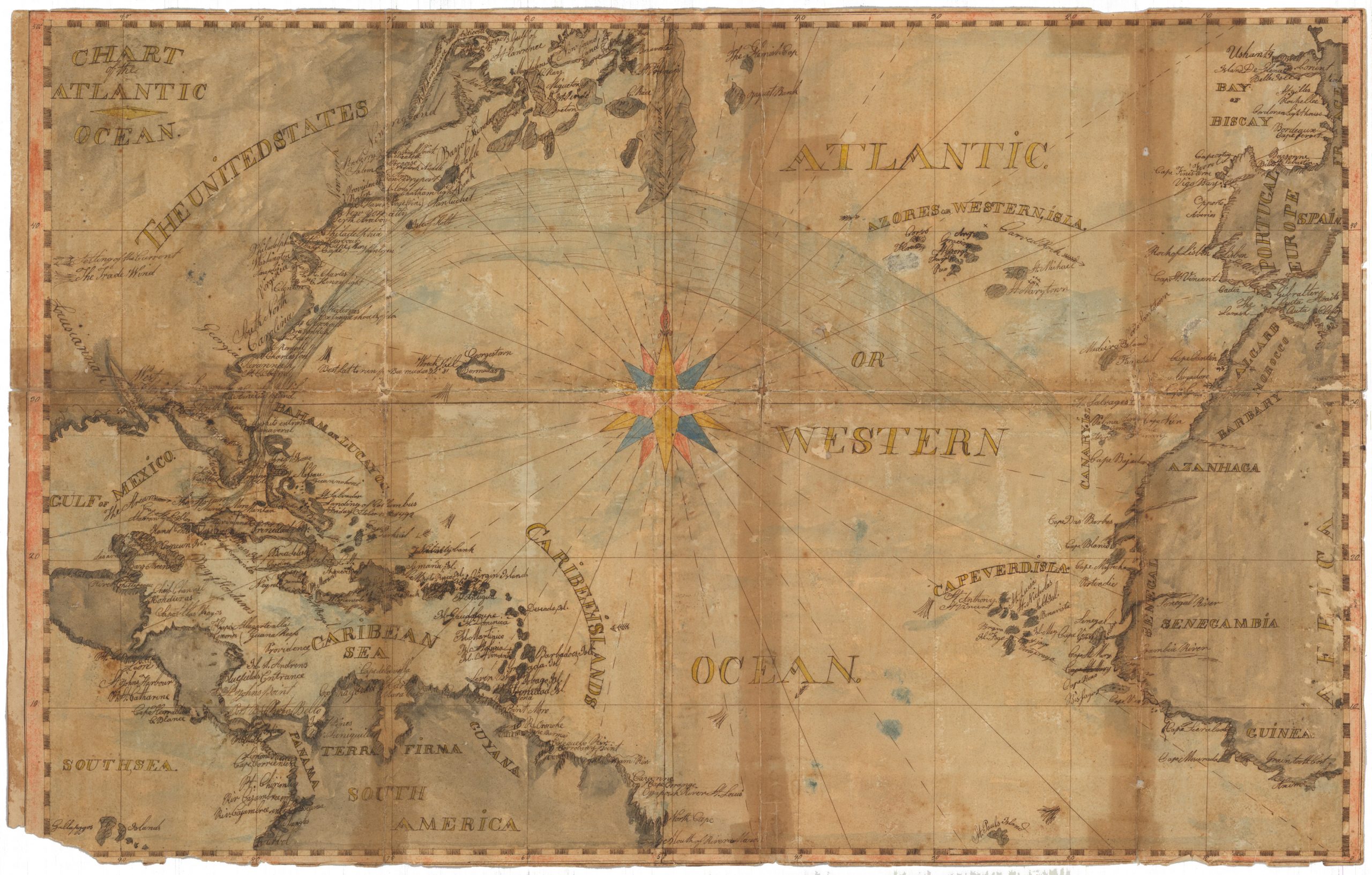 Antique Atlantic Ocean map showing England and the Americas across the Western Ocean