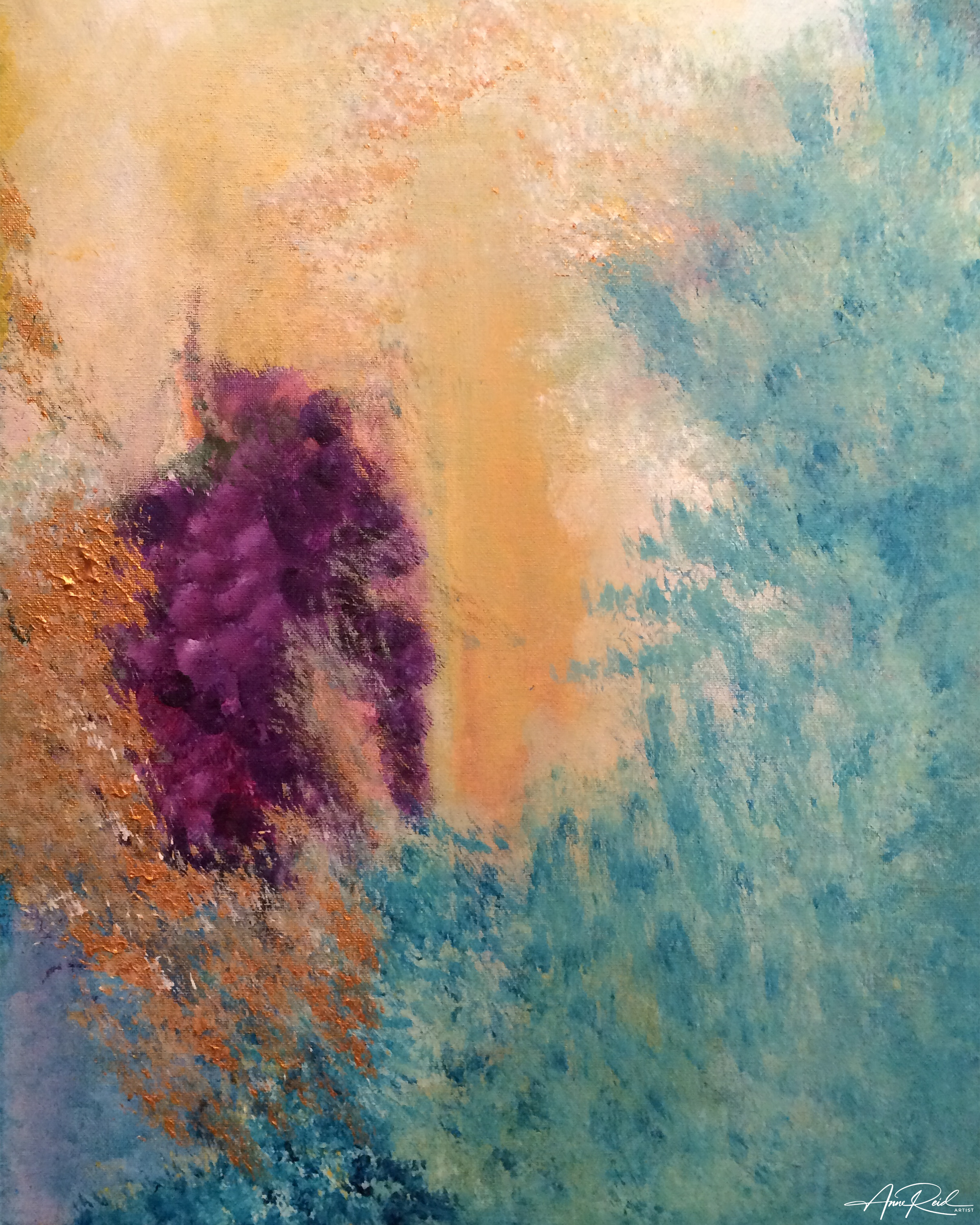 Glory Cluster prophetic fine art print by Anne Reid Artist showing a dense cluster of deep purple forms surrounded by gold and blue, symbolizing spiritual unity and the gathering of the Ekklesia.