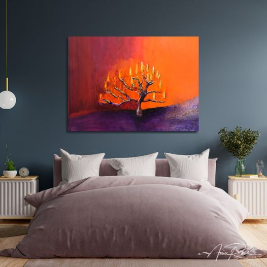Burning Bush 2, fine art print by Anne Reid Artist — shown in a bedroom setting.
