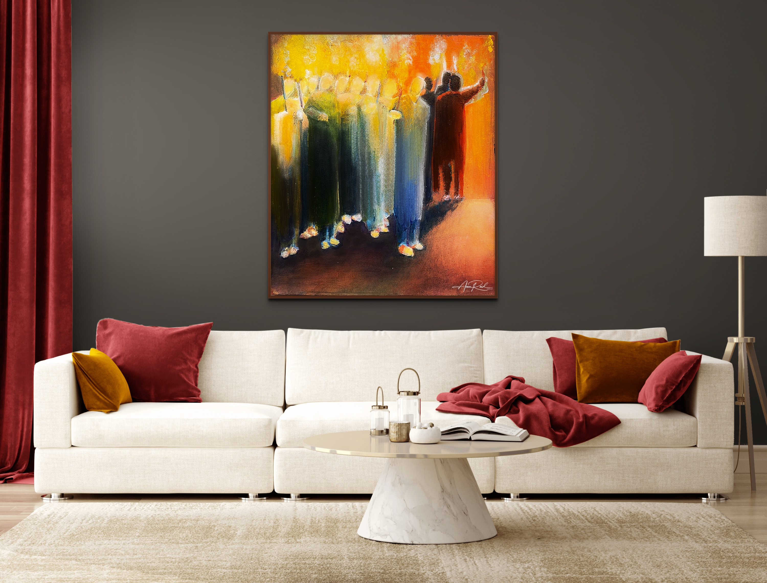 Rahab 13, fine art print by Anne Reid Artist — shown in a living room setting with a cream sofa and red pillows.