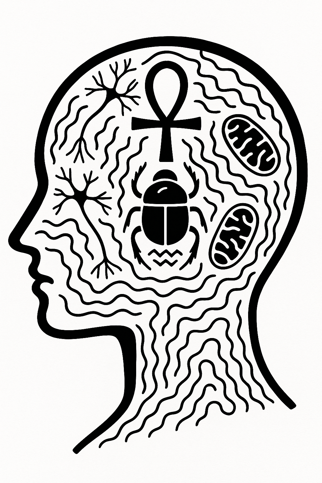 Silhouetted profile showing neural networks, ankh, scarab, and mitochondria — symbolizing stored glyphic resonance in biology and consciousness