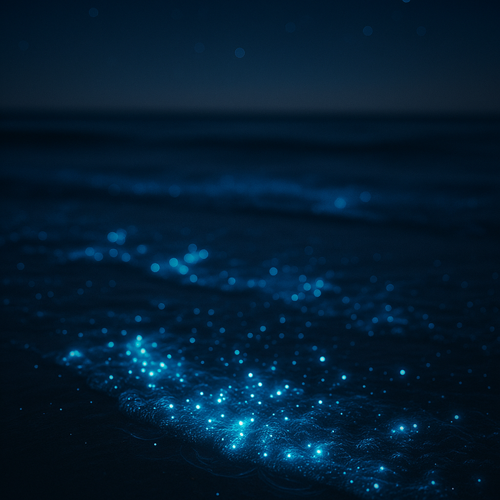 Bioluminescent plankton tracing wave crests along a dark shoreline—blue light revealing the ocean’s fine-scale motion