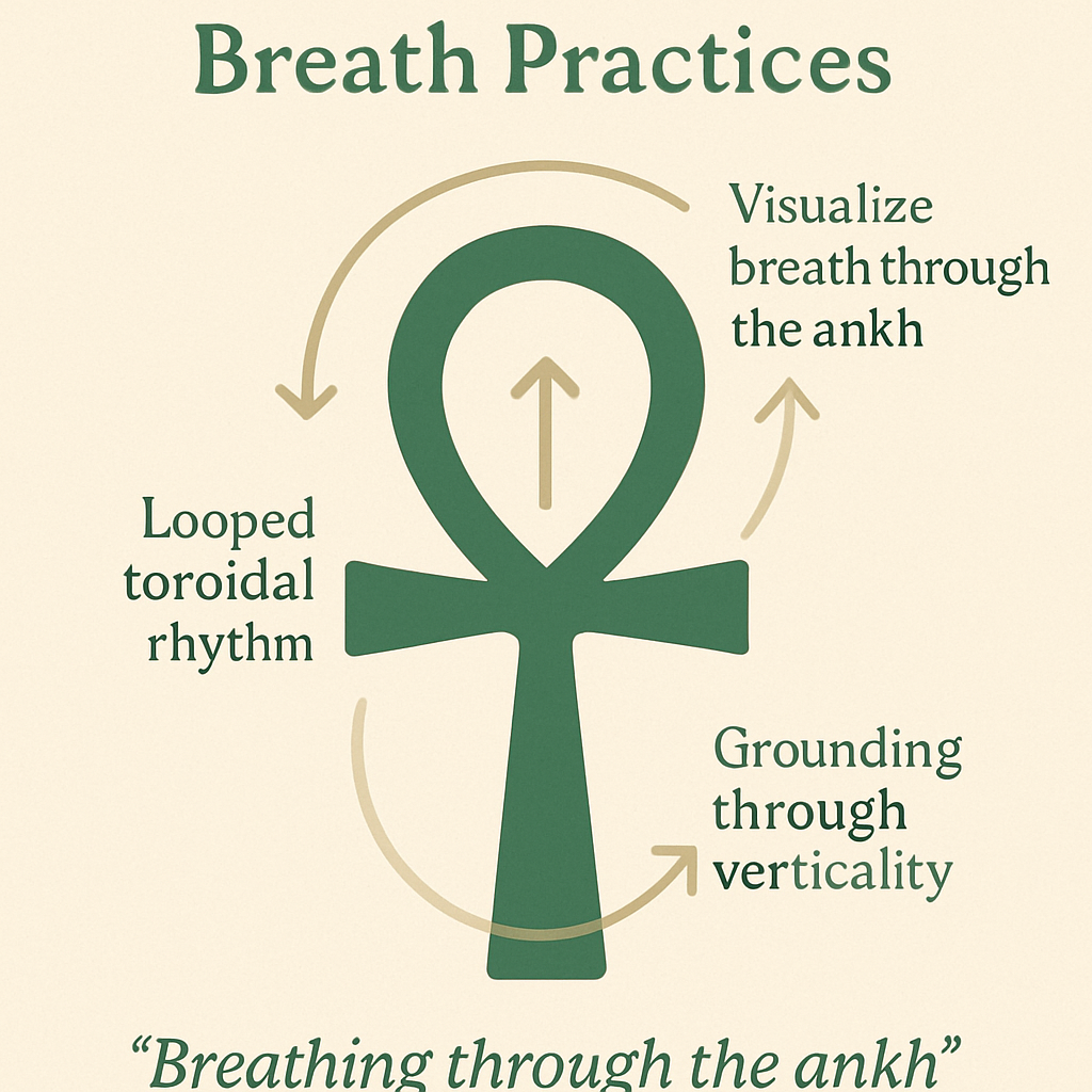 Breathwork diagram showing how to visualize breath through the ankh in a looped toroidal rhythm—grounding energy through vertical coherence