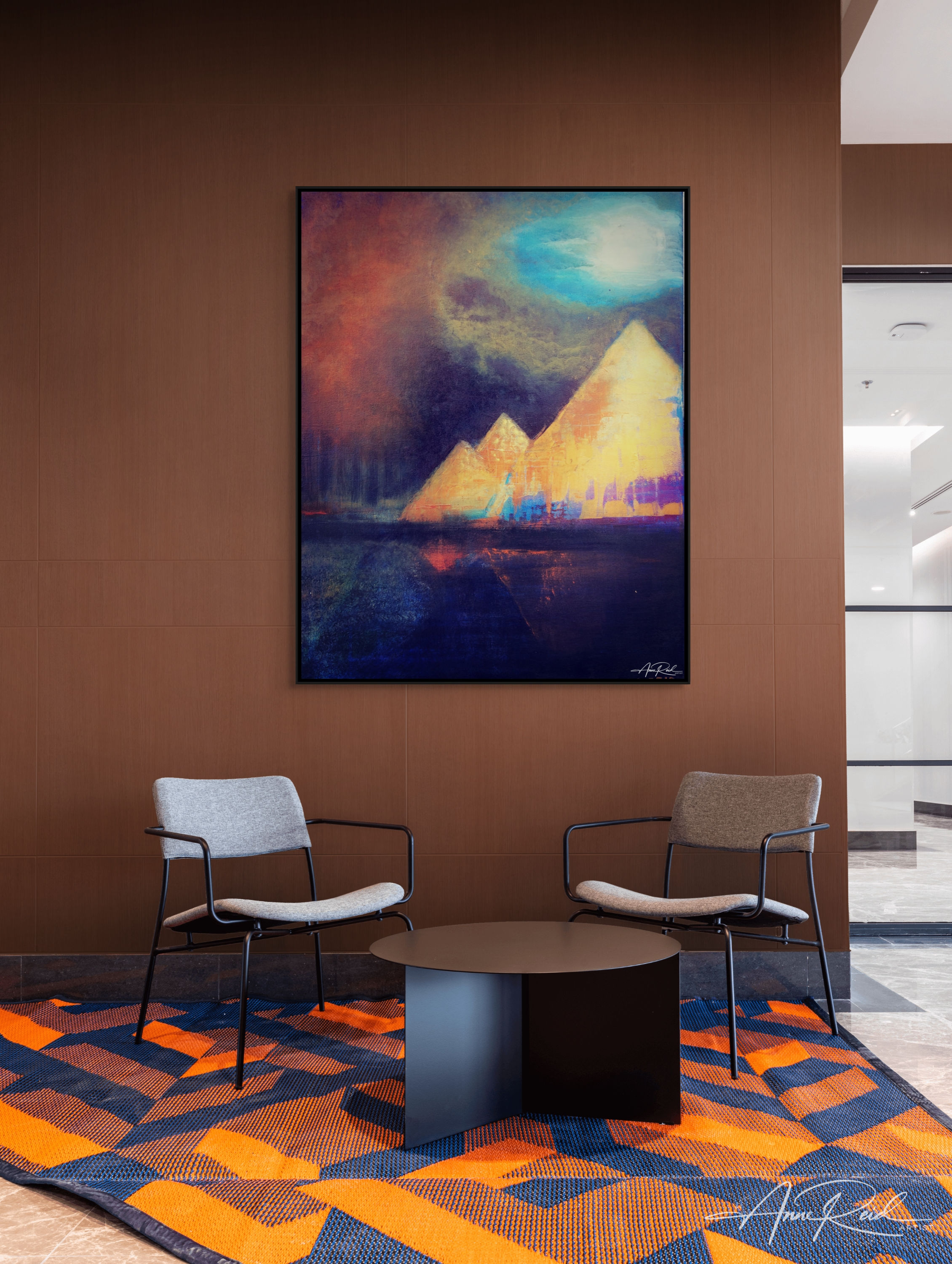 Egypt 2, print – Mystical Landscape Art for Bold Interiors: Abstract expressionist painting by colourist Anne Reid Artist featuring glowing pyramids under a moonlit sky in rich violet, gold, and turquoise hues