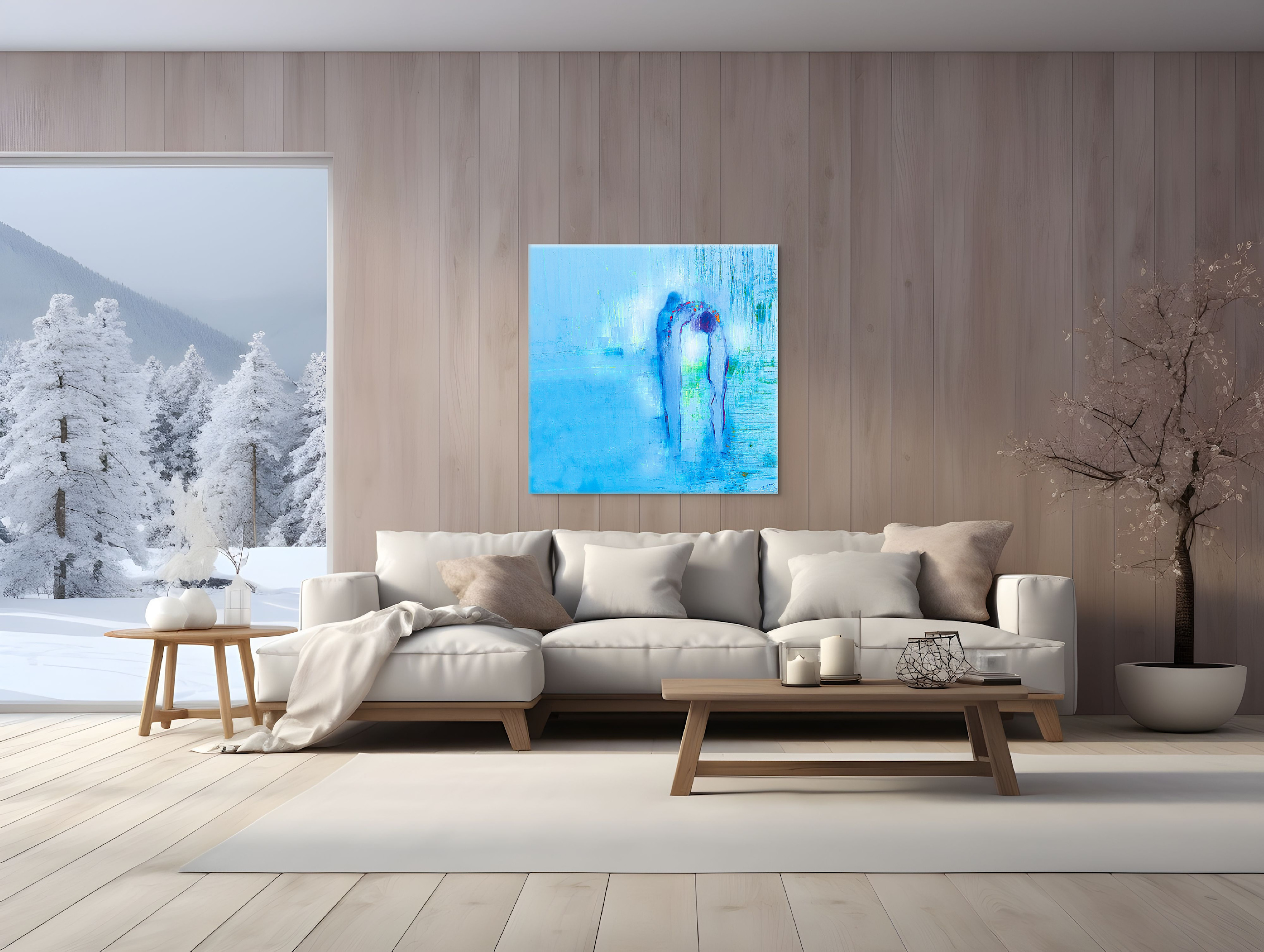 David and Samuel 5 square fine art print by Anne Reid Artist shown above a linen sofa in a bright living room