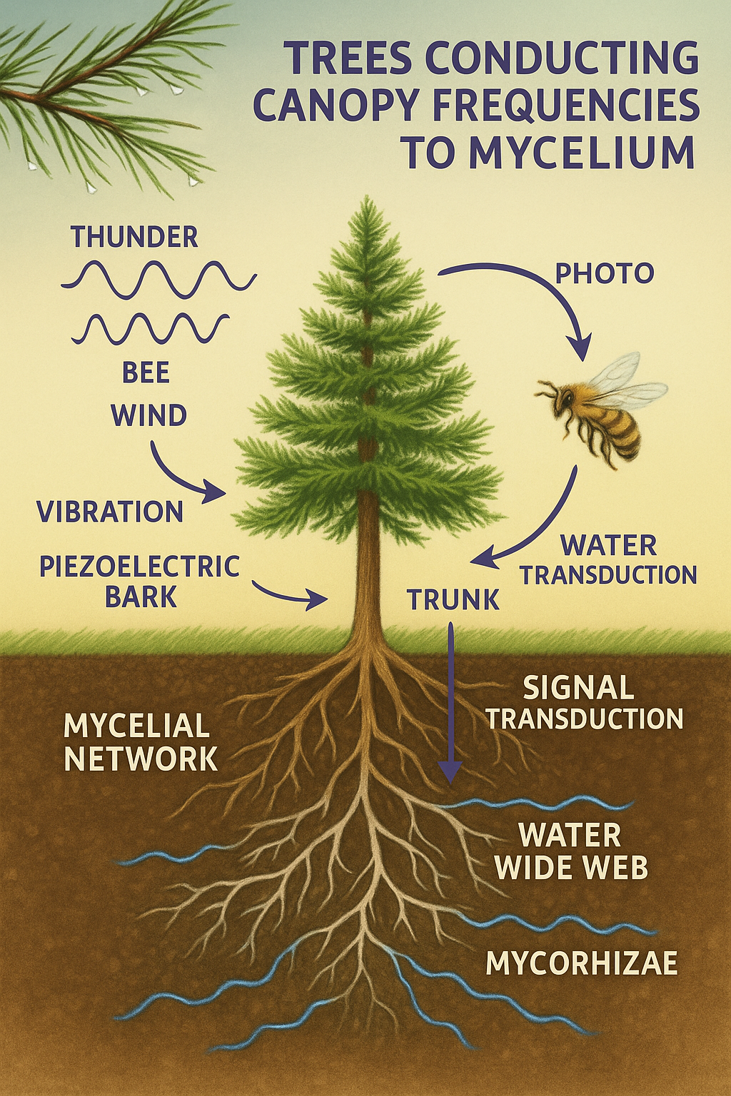 Infographic cross-section of a pine showing signals flowing from canopy vibrations down the trunk into roots and the mycelial network, with labels for leaf membranes, xylem/phloem, soil water films, and hyphae.