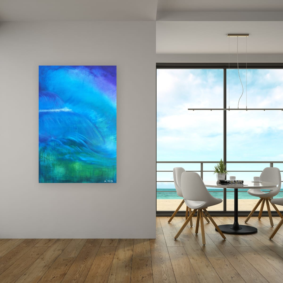 Deluge, fine art print by Anne Reid Artist shown on a white feature wall beside an ocean-view dining nook — flowing aqua, teal, and ultramarine abstraction.