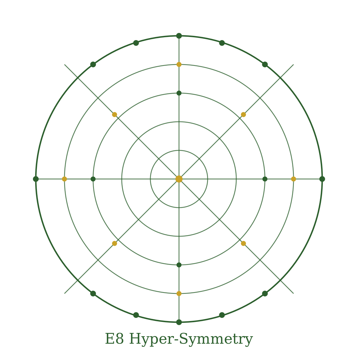 E8 lattice glyph with concentric rings and radial symmetry nodes representing hyper-symmetry
