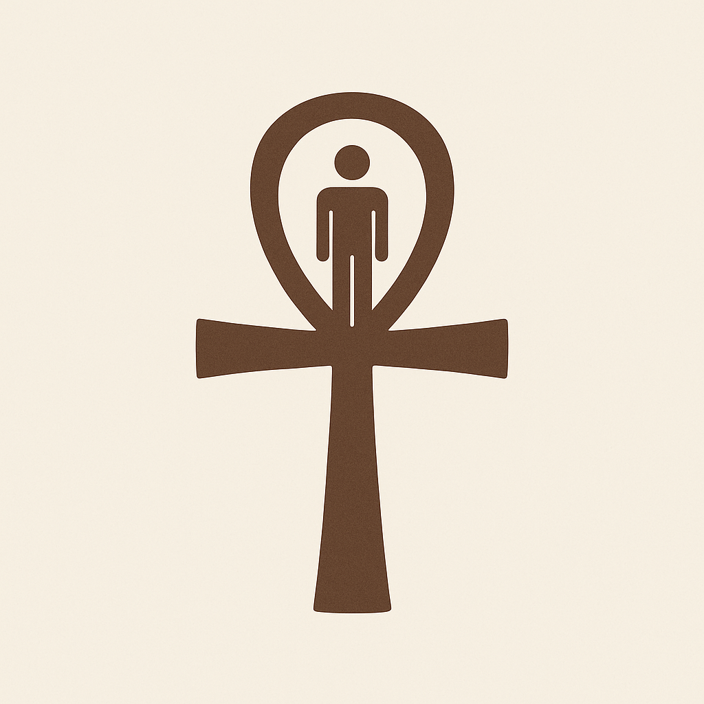 Minimalist ankh symbol with a human figure inside the loop—illustrating resonance alignment between the glyph and human biofield