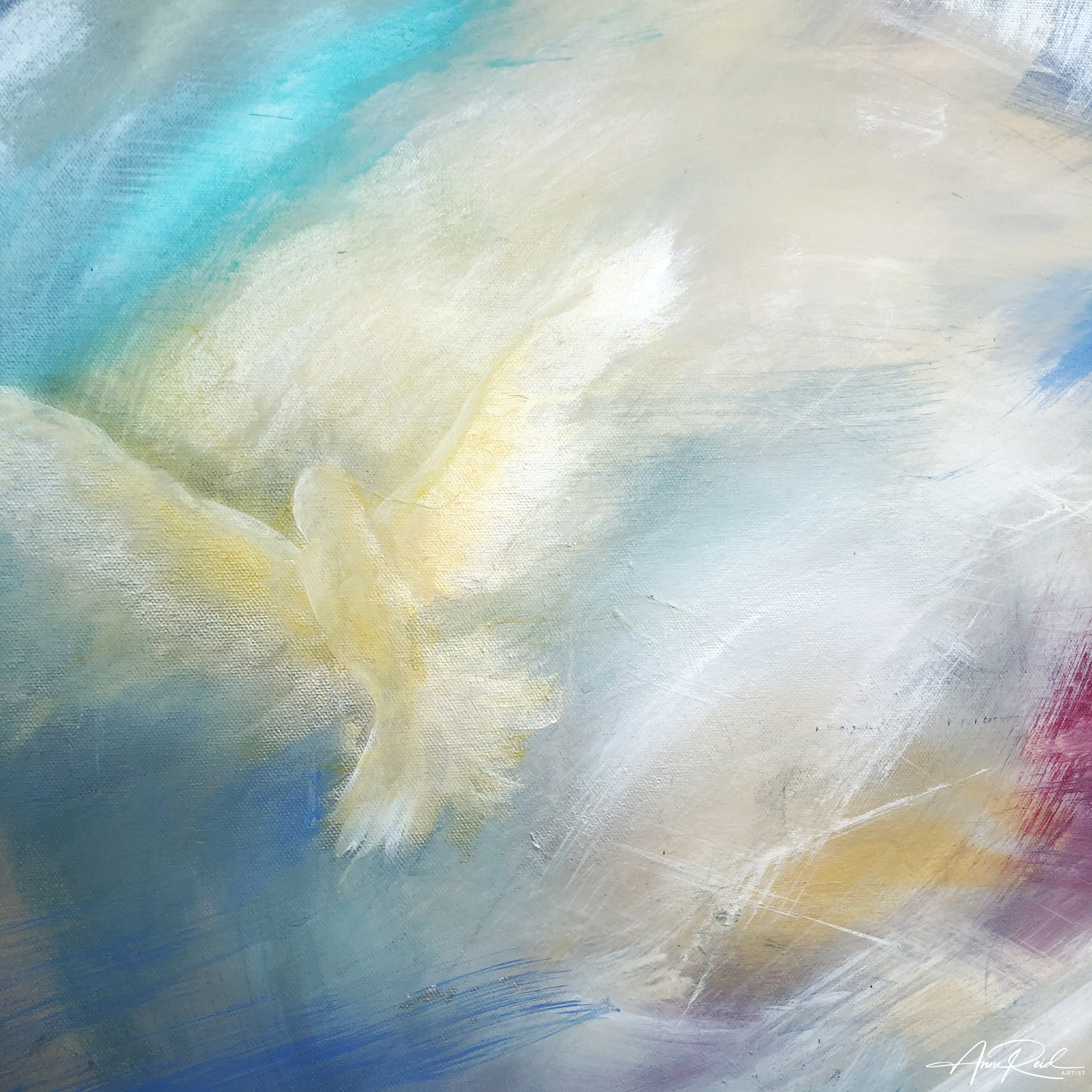 Dove open edition fine art print by Anne Reid Artist shown centered in a prayer room setting