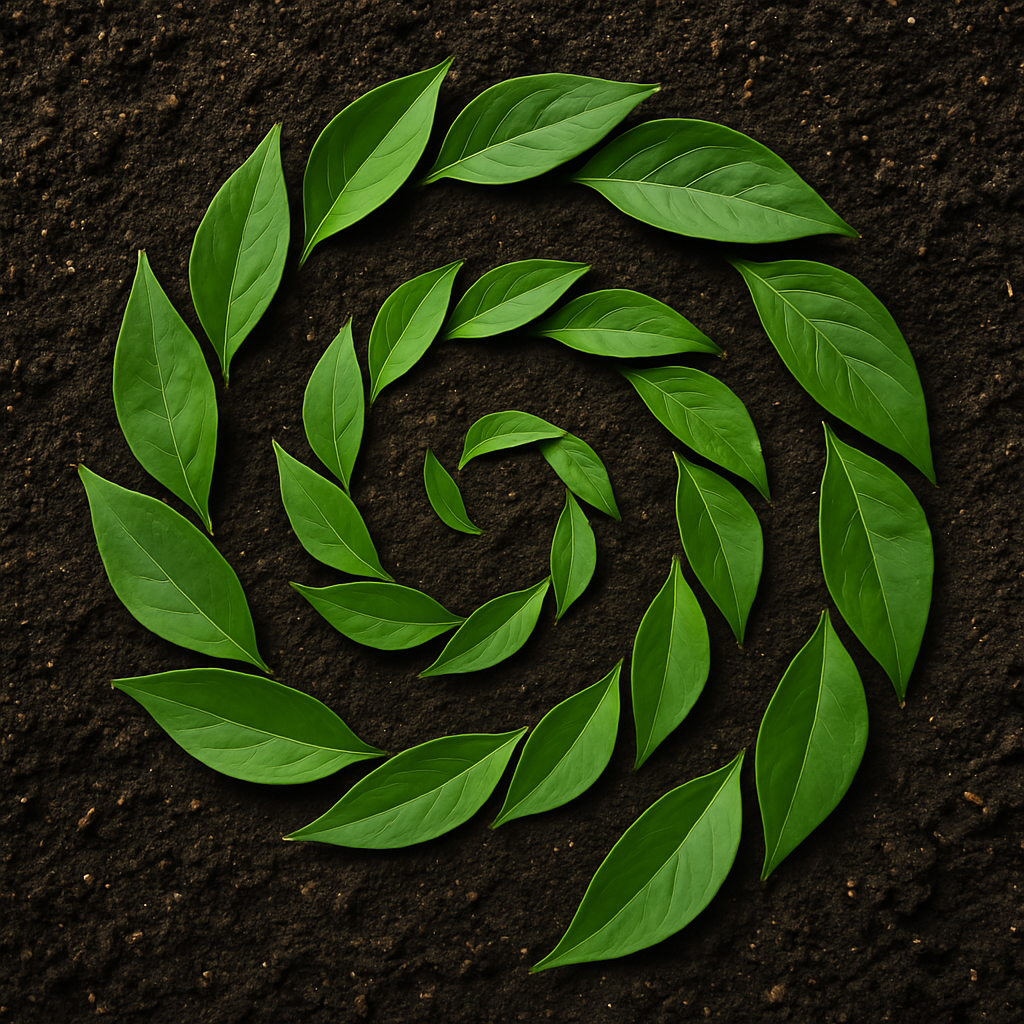 Spiral of green leaves on dark soil symbolizing natural resonance, polarity, and energy flow in regenerative agriculture