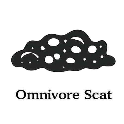 Omnivore scat glyph showing irregular shape with mixed textures including seeds, berries, and organic material