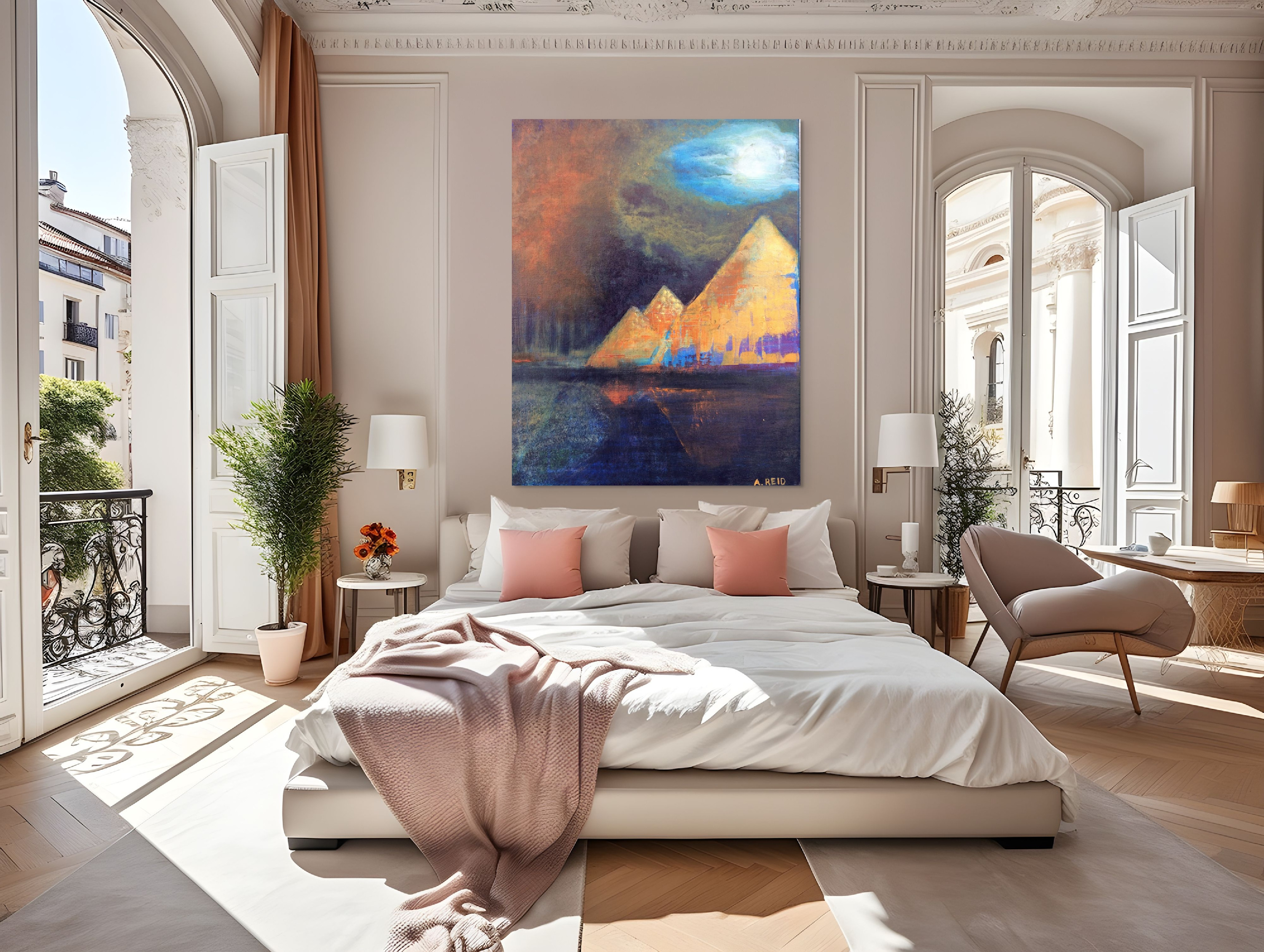 Egypt 2 fine art print shown in a sunlit luxury bedroom with soft textiles