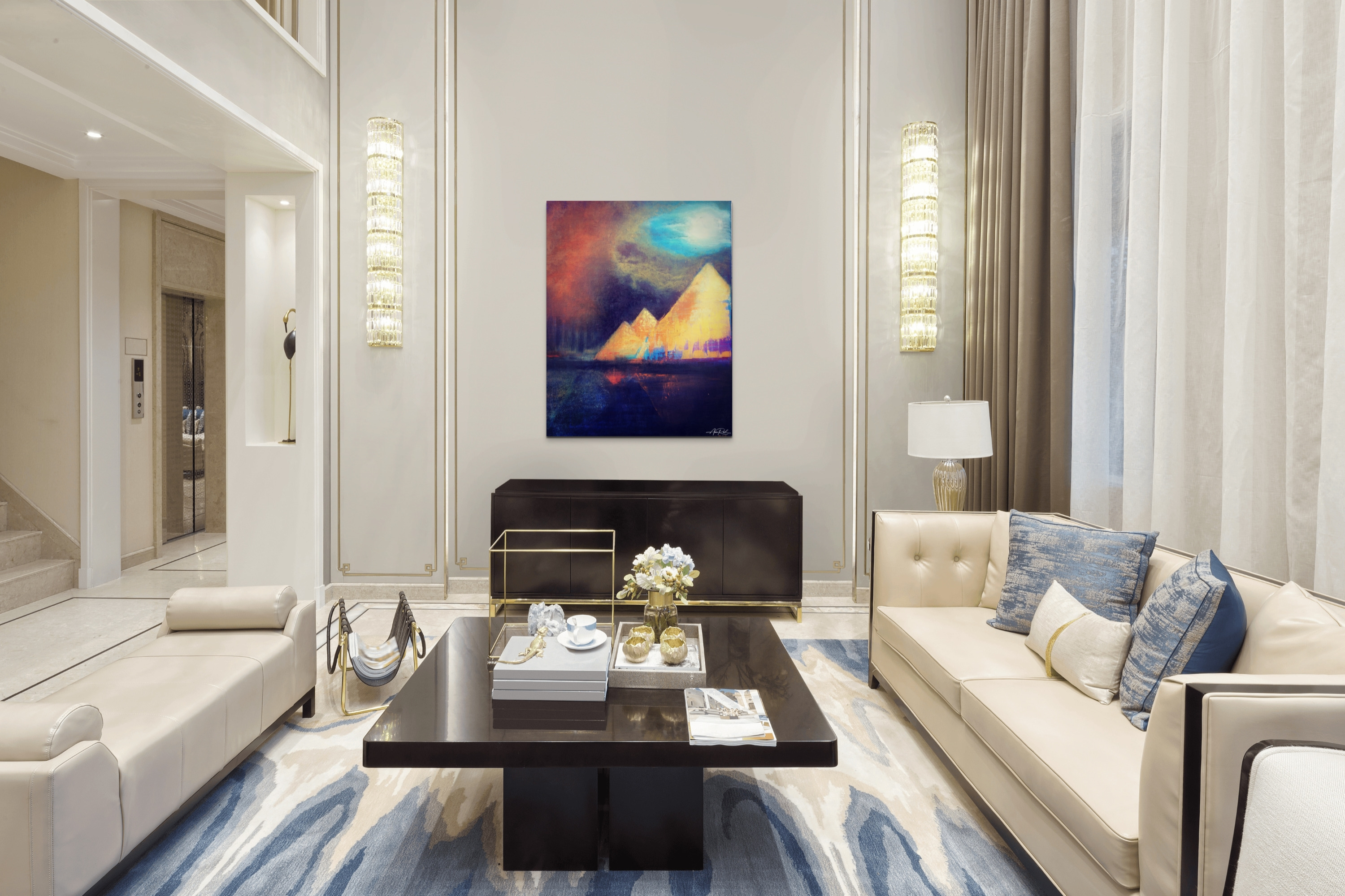 Egypt 2 fine art print shown in a luxury living room with cream seating and blue accents