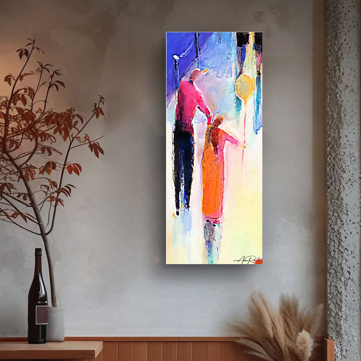 Father & Daughter with a Balloon, print: Abstract expressionist painting by colourist Anne Reid Artist showing a father and daughter with a balloon in vibrant hues, displayed in a modern room