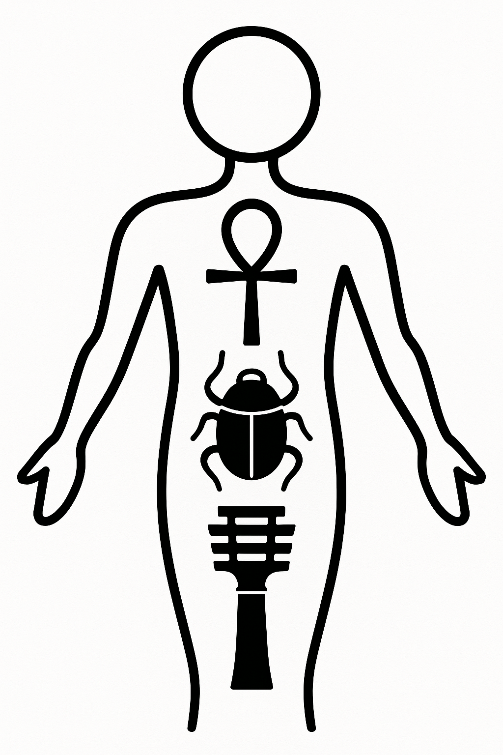 Black and white line art of human figure with Ankh on chest, Scarab at solar plexus, and Djed pillar aligned to spine — representing field coherence and resonant kingship