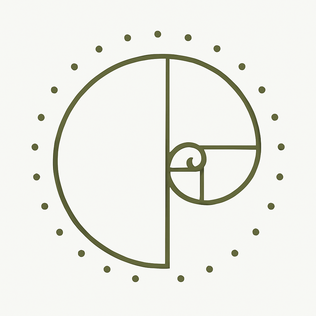 Golden spiral glyph with Fibonacci curve inside a pi-based dotted circle — harmony of form and rhythm