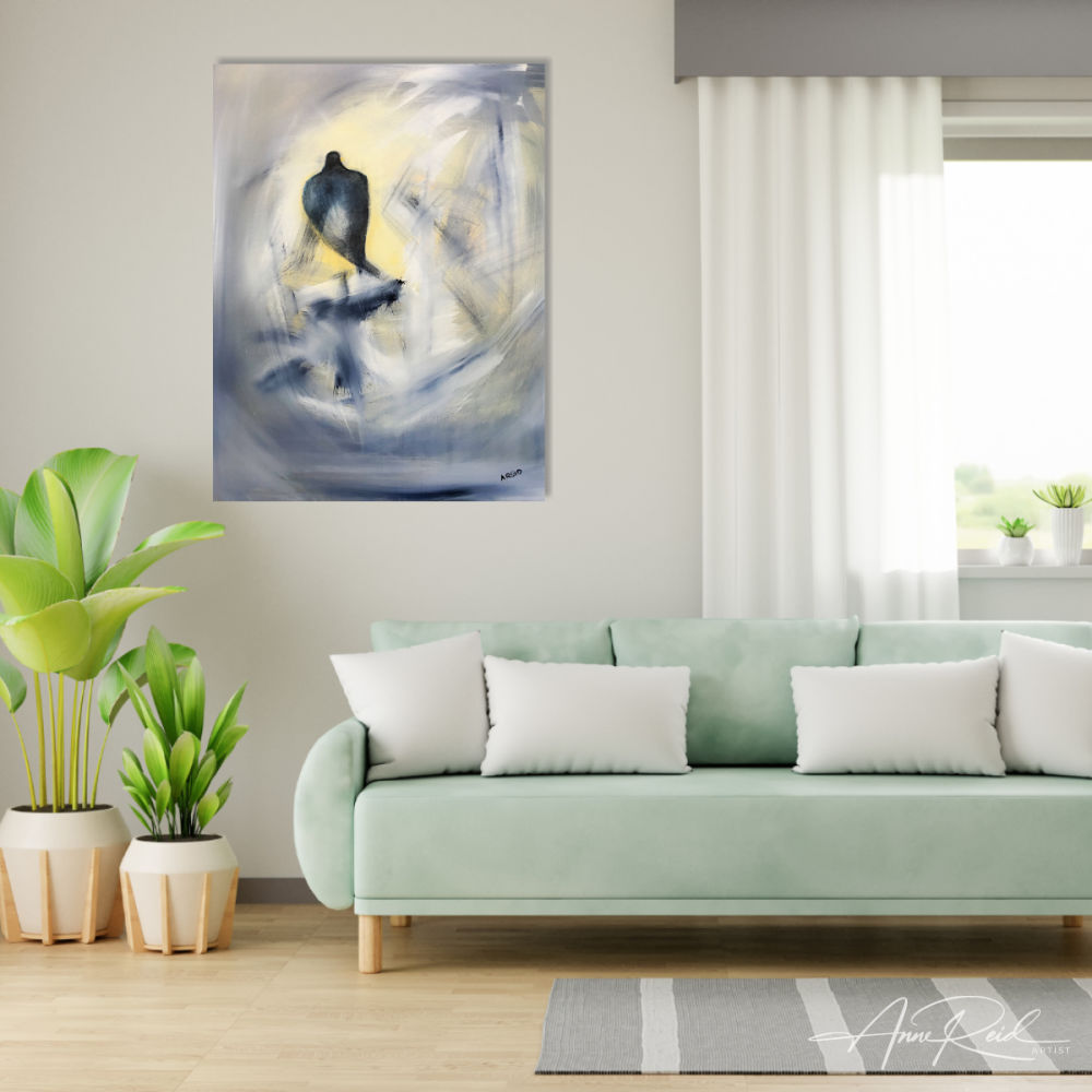 Abstract eagle or hawk-like figure in blue and white tones above mint green couch in bright living room