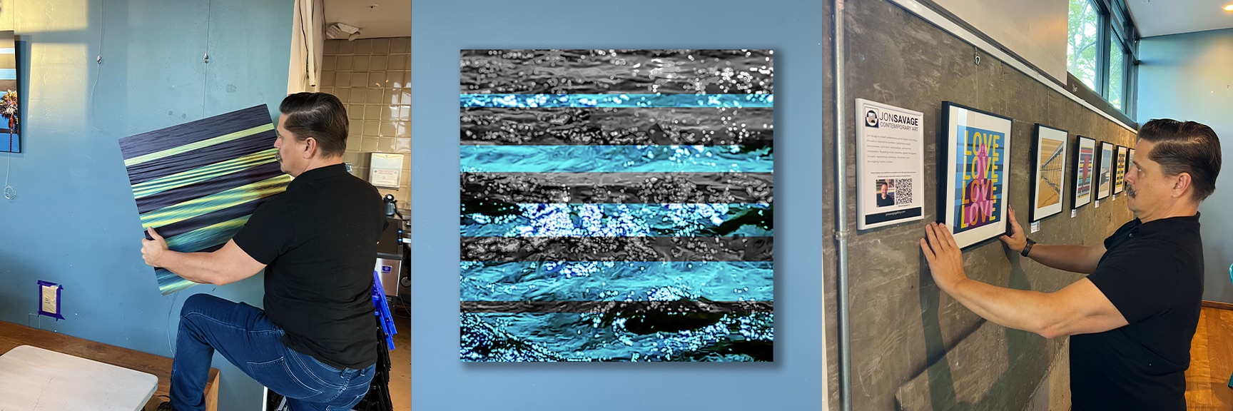 A three-image sequence of artist Jon Savage installing his contemporary paintings and fine art prints at Bird Rock Coffee Roasters in Little Italy, San Diego, featuring his textured blue and green wave-inspired works on display through March 31.