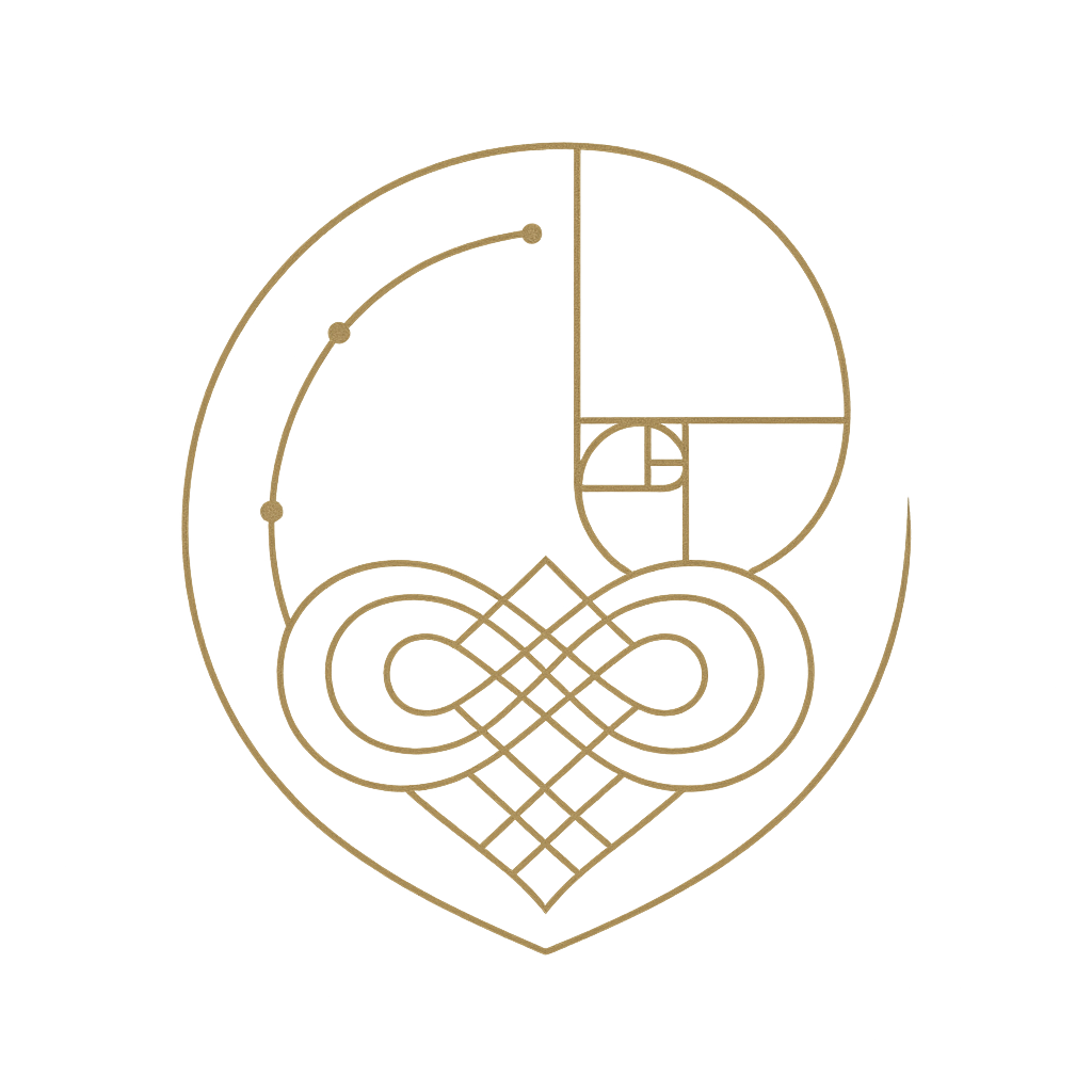 Golden sacred geometry cymatics glyph combining a Fibonacci spiral, infinity symbol, and lattice structure within a circular frame — symbolizing resonance and the Nature Code