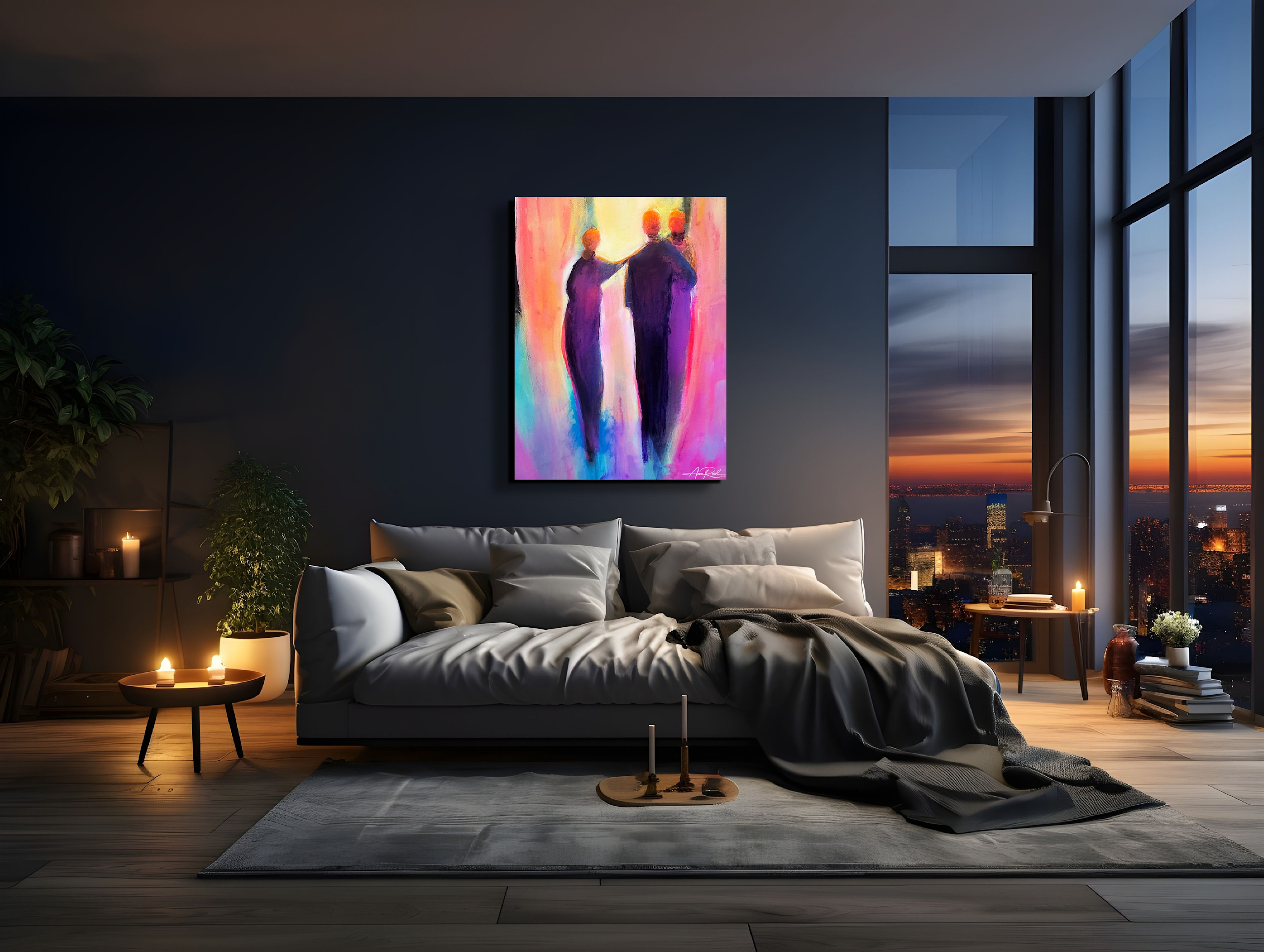 Friend of the Bridegroom, print by Anne Reid Artist shown on a dark navy wall above a sofa in a moody city bedroom setting.