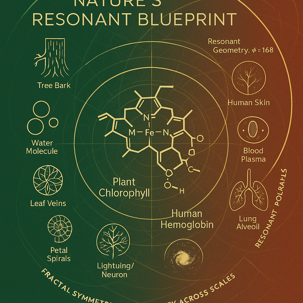 Field Continuity Mandala — chlorophyll/hemoglobin porphyrin ring at center; golden spiral connects leaf↔lung, xylem↔veins, mycelium↔neurons, lightning↔synapse, petal spirals↔DNA; polarity flows from green to red.