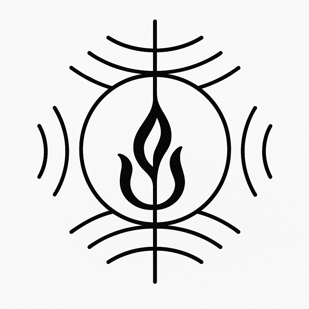 Symmetrical glyph showing inner flame, sound lines, vertical spine and radiant containment—symbol of light coherence and field embodiment