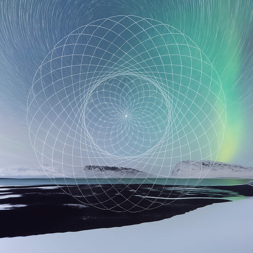 E8 lattice illustrated through northern lights and mountain symmetry—capturing the hidden geometry of coherence