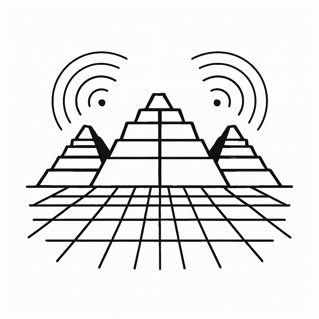 Xi’an pyramid grid glyph with resonant energy arcs and stepped formation