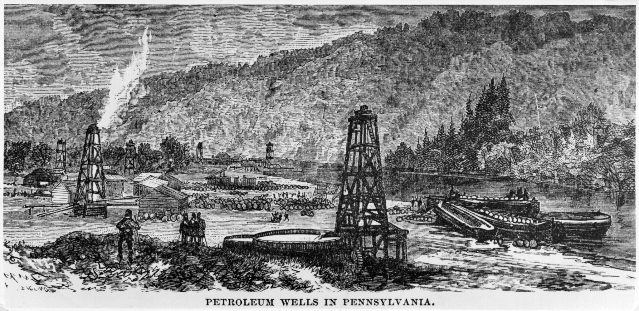Engraving of petroleum wells in Pennsylvania showing derricks, barrels, river traffic, and hillside flame during the oil boom