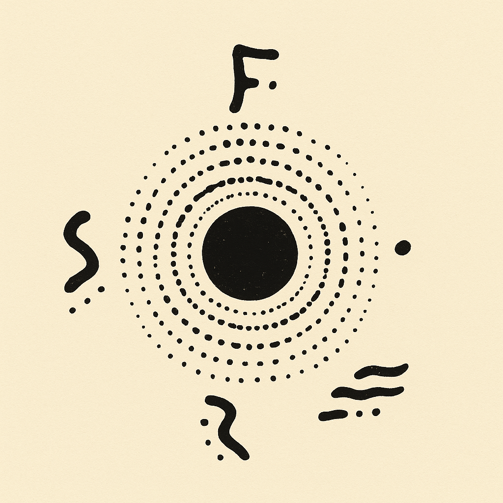 Memory Loss Field glyph: a black circle with fading ripple rings, surrounded by abstract markings — symbolizing the collapse of form into silence and potential.
