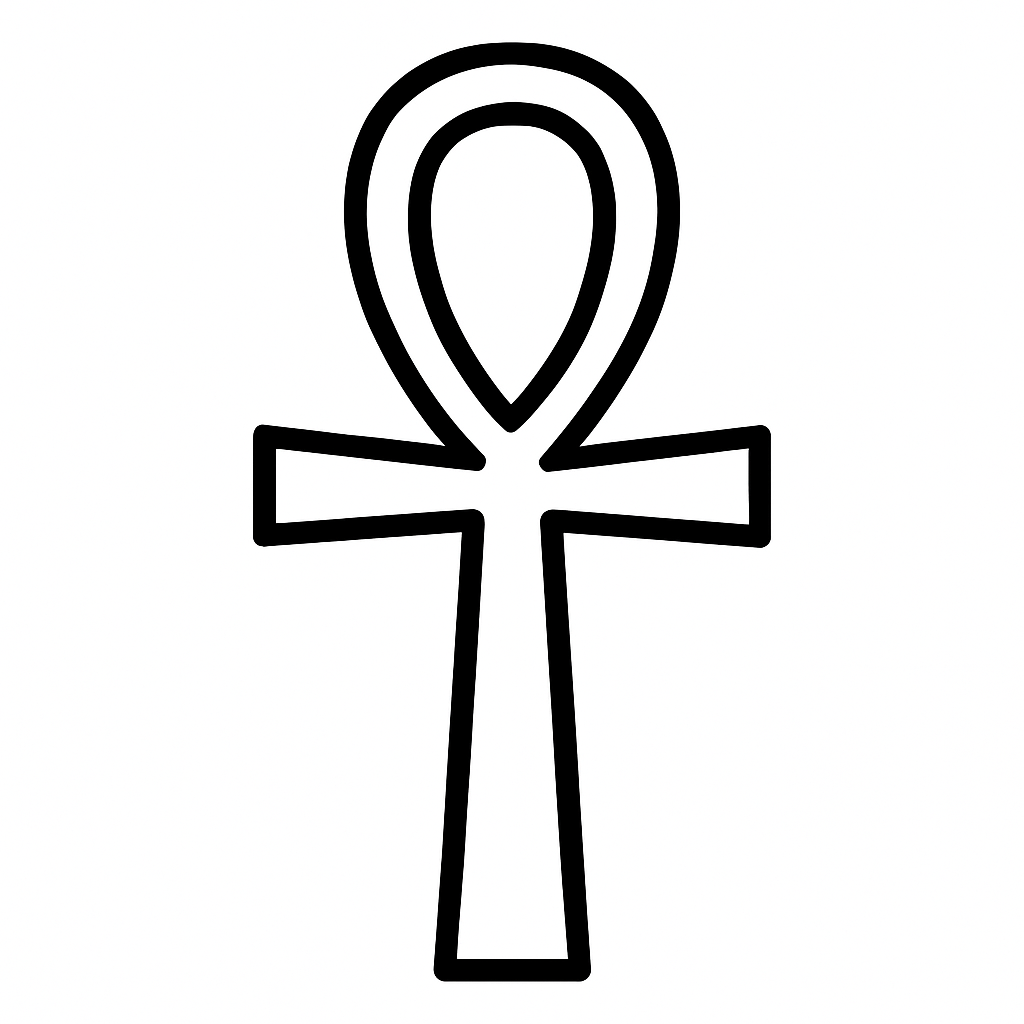 Black and white glyph of the Ankh — simple, open form symbolizing resonance, ritual, and field attunement in ancient Egyptian temples