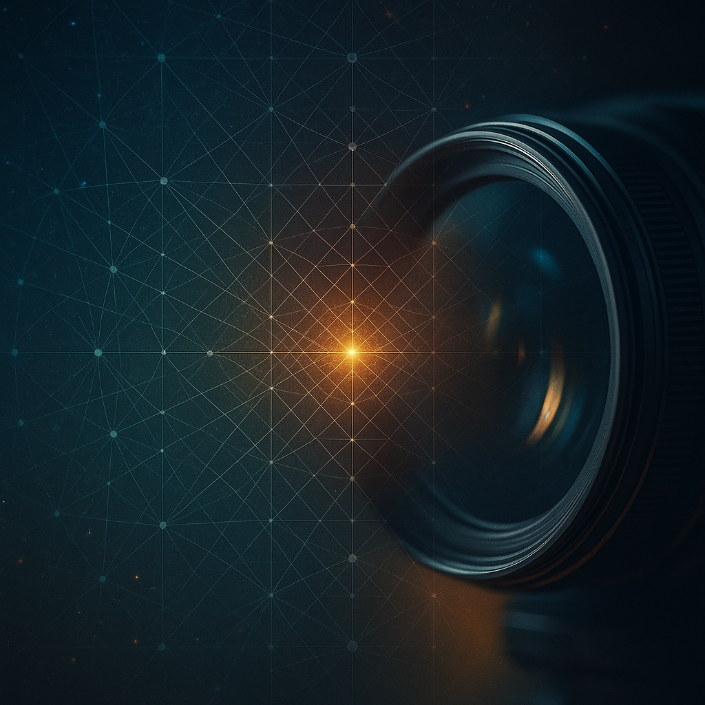 Camera lens reflecting starlight and geometric E8 lattice — symbolizing consciousness turning probability into possibility.
