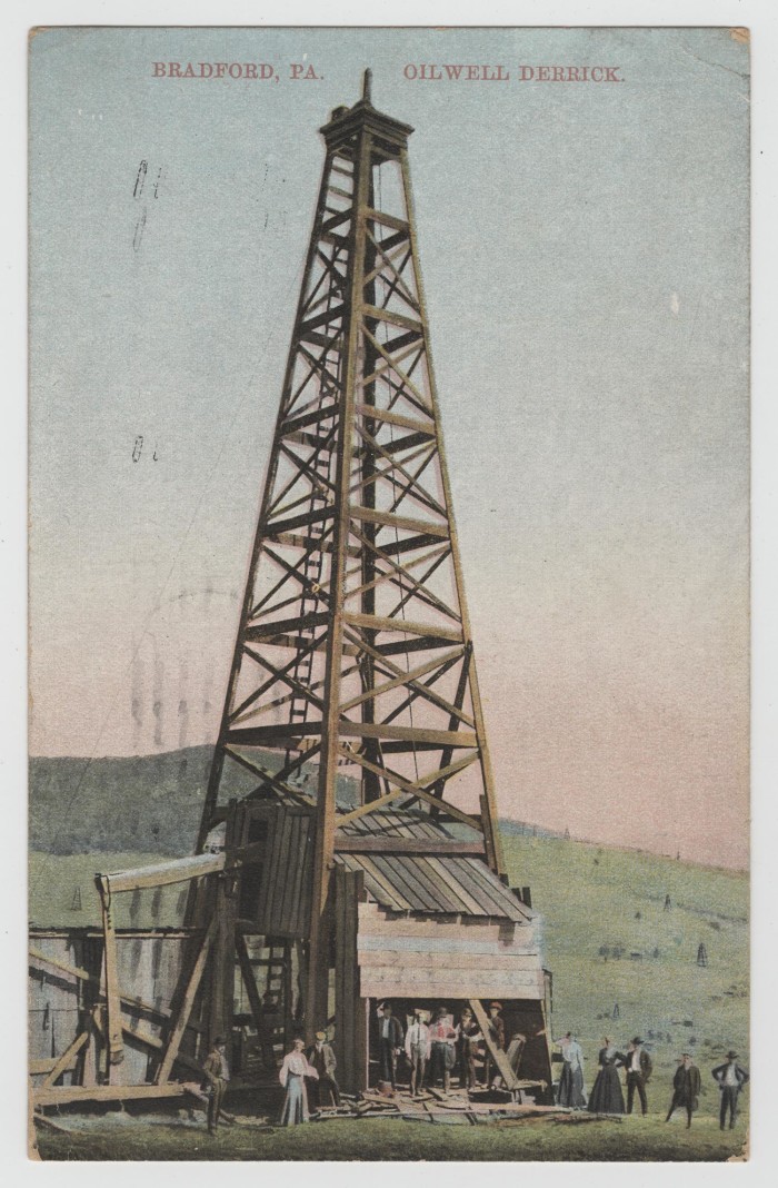 Early oil well derrick in Bradford, Pennsylvania, late 19th century