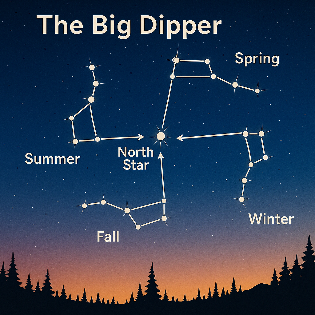 Seasonal positions of the Big Dipper encircling Polaris as a spiral sky compass
