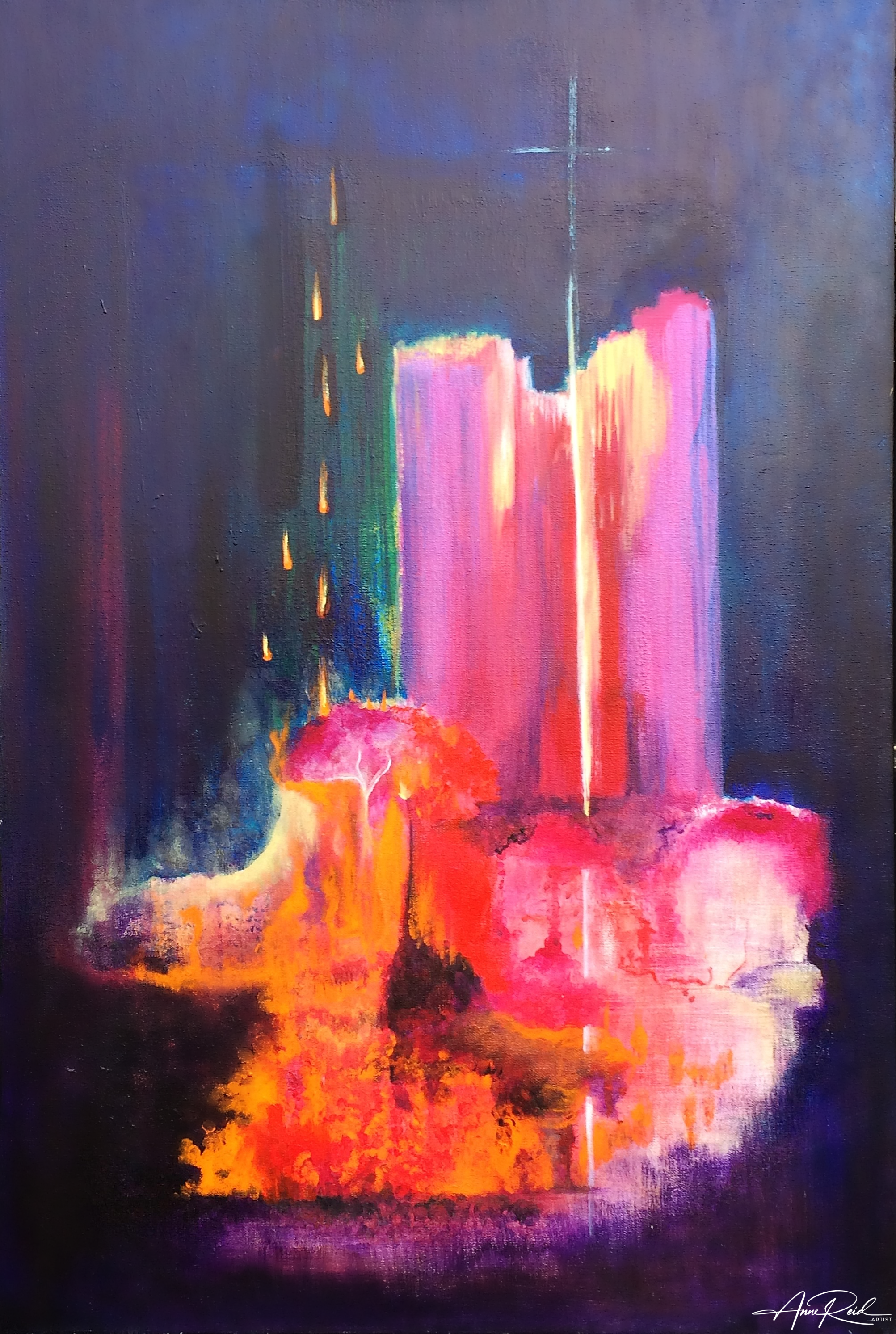 Seed of the Woman prophetic fine art print by Anne Reid Artist showing a vertical cross of light descending through dark blue and violet with fiery pink and orange below.