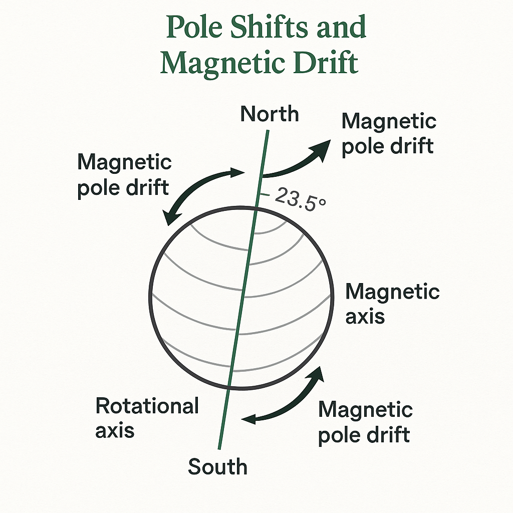 Diagram showing Earth's magnetic axis tilt and pole drift with rotational axis overlay