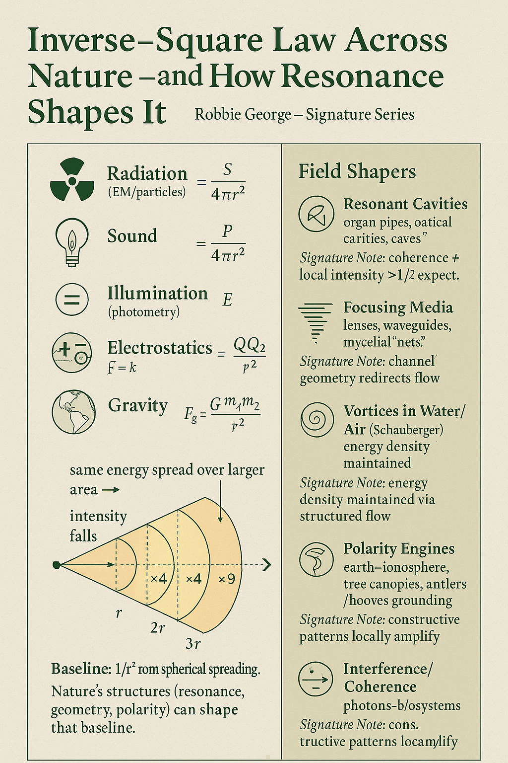 Infographic showing the inverse-square law for radiation, sound, illumination, electrostatics, and gravity, with Signature Series field-shapers like resonance cavities, focusing media, vortices, polarity engines, and coherence