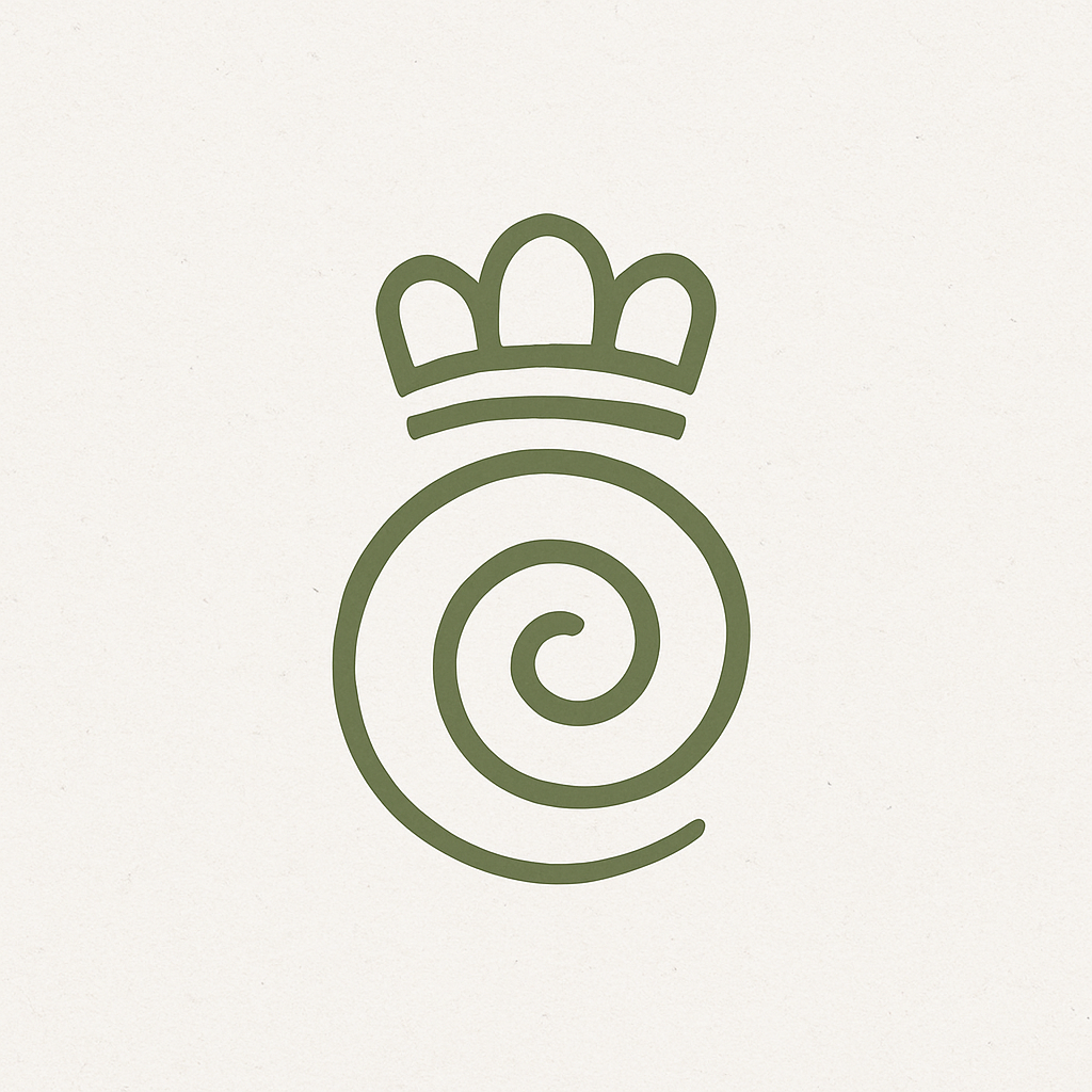 Glyph of spiral crowned with harmonic arcs — symbol of the Resonant King
