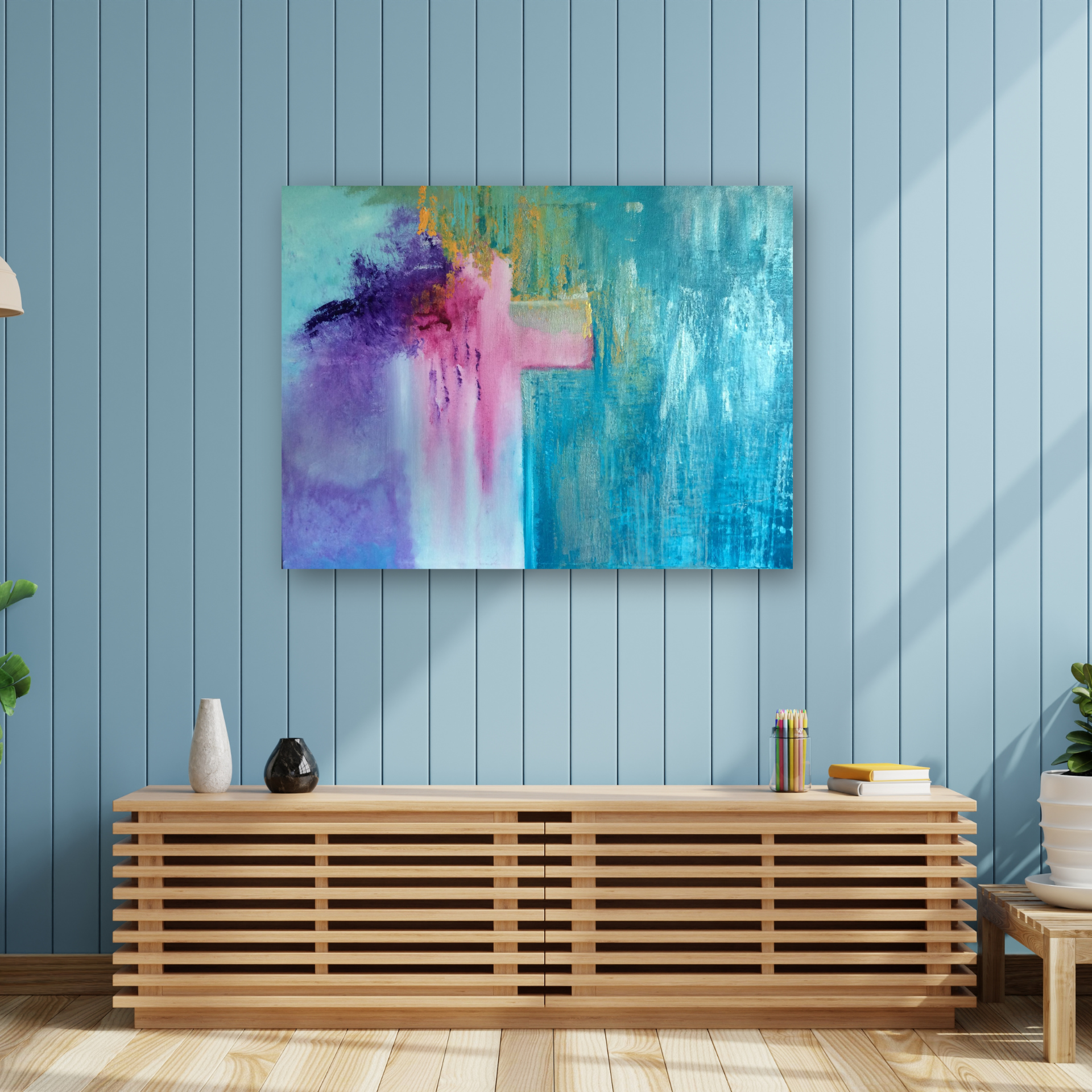 Ministry of Reconciliation, 40x30 in metal print by Anne Reid Artist shown in a soft blue interior setting.