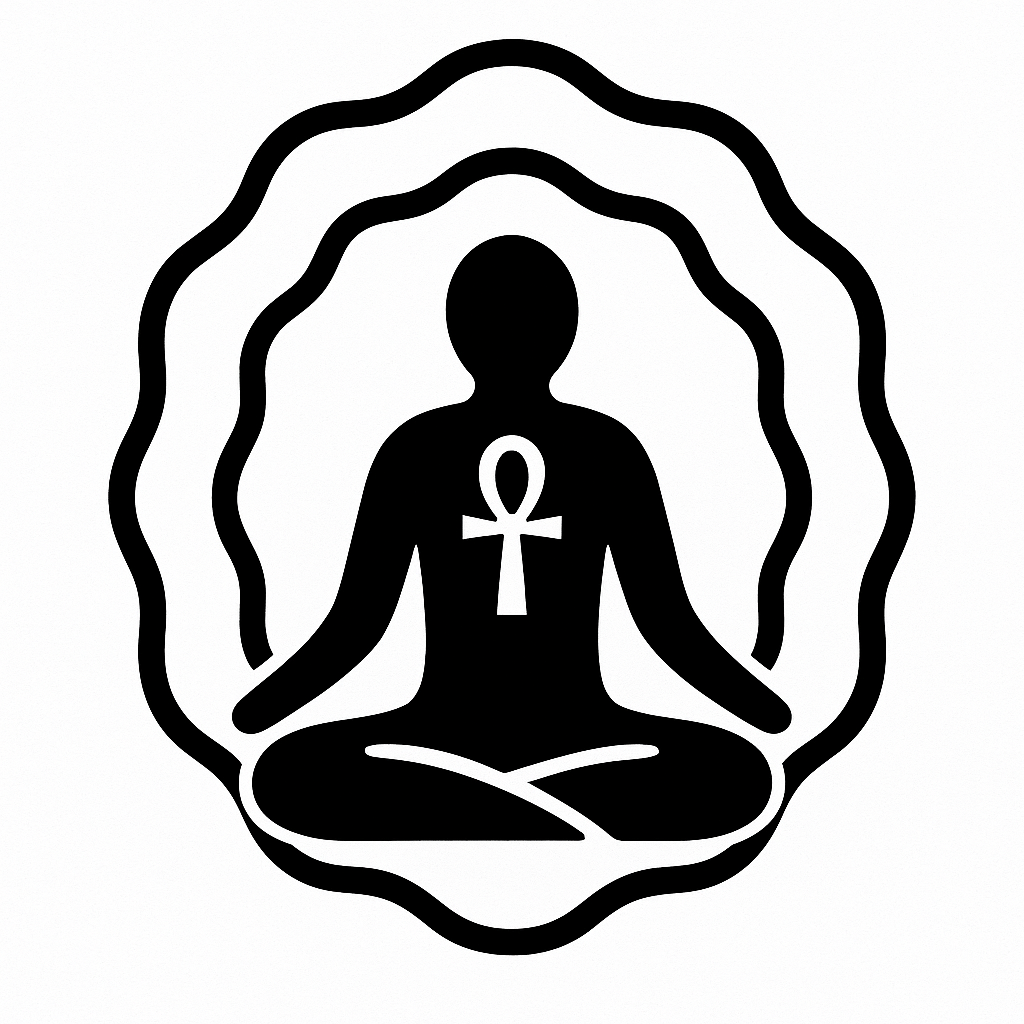 Meditating figure surrounded by resonance waves with an ankh on the heart — symbol of body as temple and breath as activation